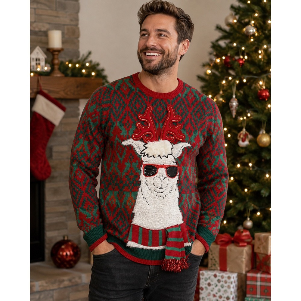 Holiday Time Mens Llama Ugly Christmas Sweater Red Green Antlers Sunglasses M